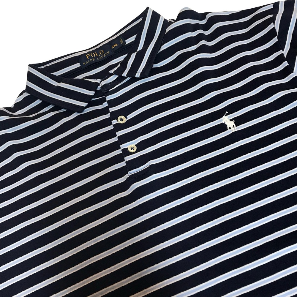 Polo Ralph Lauren‎ Mens XXL Navy Blue Striped Short Sleeve Jersey Polo Shirt